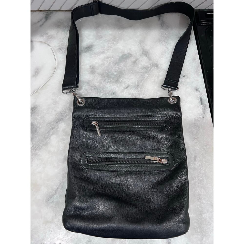 Margot Genuine Leather Black Crossbody Shoulder Bag Multi Zip Pockets Purse